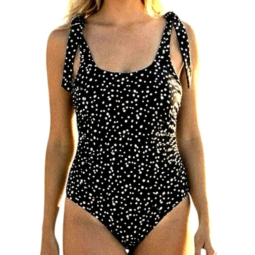 Movemama Ribbed Nursing Swimsuit Black White Scattered Dot One Piece L - Picture 1 of 9